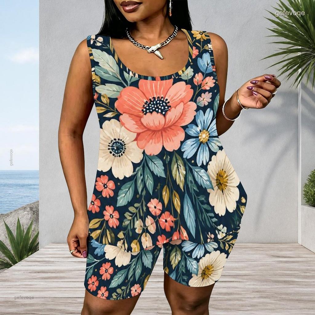 Women Plus Size Blue Black Abstract Printed Scoop Neck Sleeveless Tank Top Fitted Shorts Two Piece Set