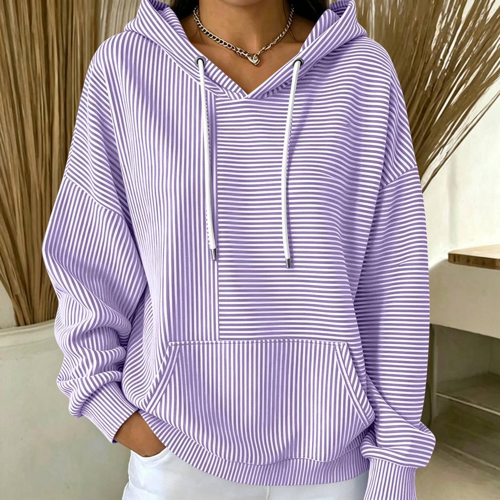 Women's Loose Fit Hooded Striped Long Sleeve Pullover with Pockets