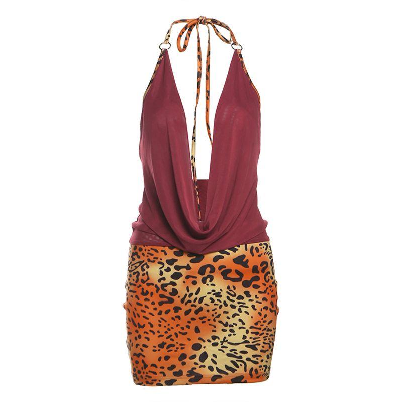 

# Sisjuly# Сексуальное очаровательное американское платье с воротником-стойкой, леопардовым принтом и вырезом на спине Red L