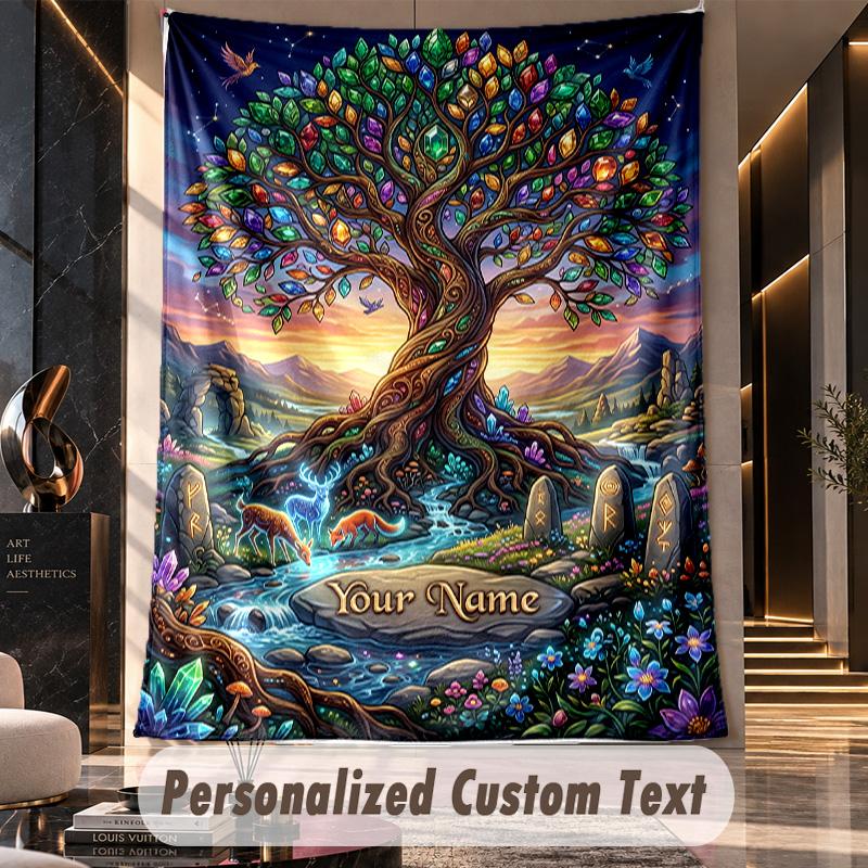 Tree Life Fantasy Artwork Theme Wall Tapestry Customized With Name Text Personalized Hanging Tapestry For Bedroom Living Room Decor