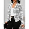 Women's Lightweight Plaid Long Sleeve Jacket - Stylish Open Front Outerwear for Spring & Fall, Black & White Houndstooth Pattern,