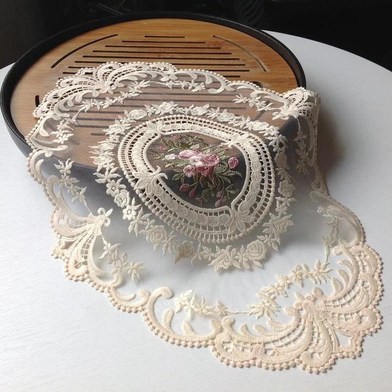 European Oval Lace Embroidery Coaster Bedroom Study Kitchen Cup Table Mat Food Fruit Plate Cover Decoration