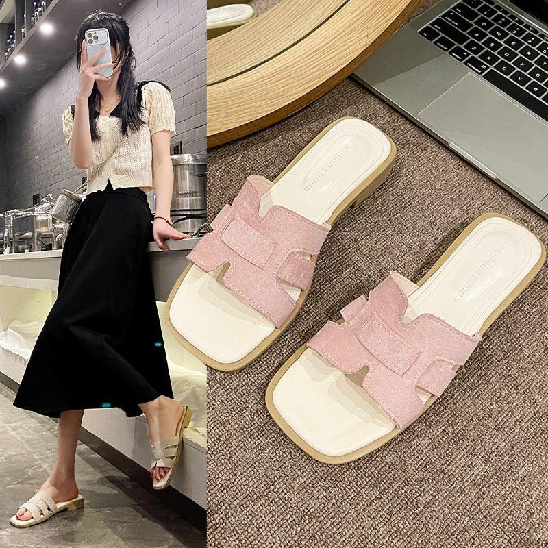 New thick heel casual fashion cool slippers women's shoes 2025 summer new square head low heel one-word versatile slippers women