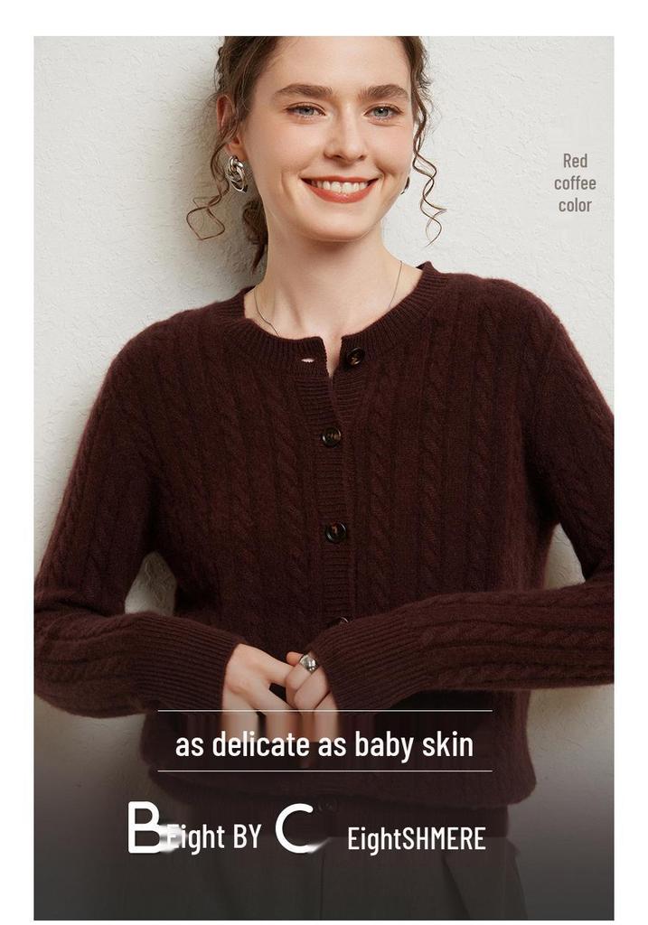 Women's Slimming Cable Knit Cashmere Cardigan - Long Sleeve, Warm, Round Neck, Single-Breasted
