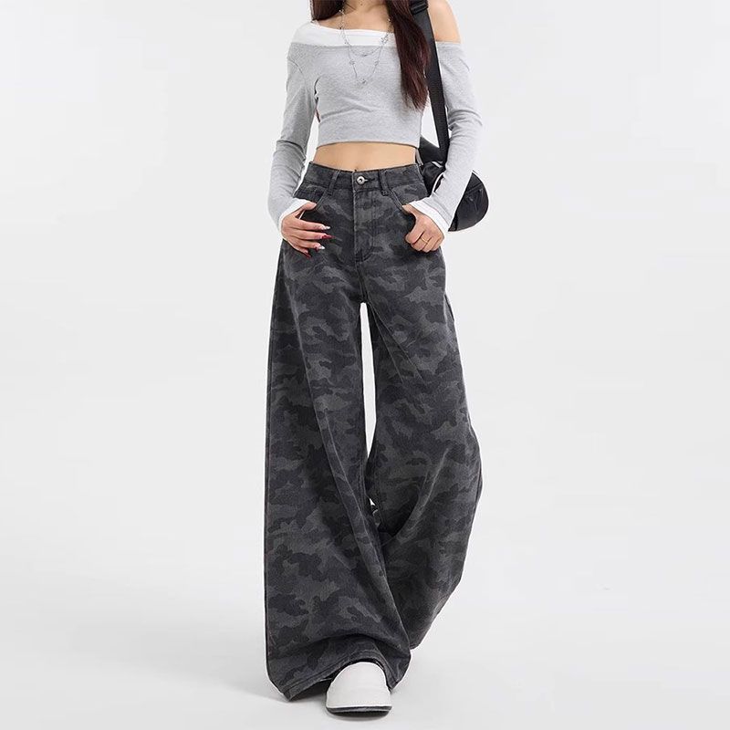 Comfortable Camouflage Street Wide Leg Trousers Women's Autumn High-waisted Large Yards Loose Casual Straight Trailing Denim Trousers Long Denim Pants