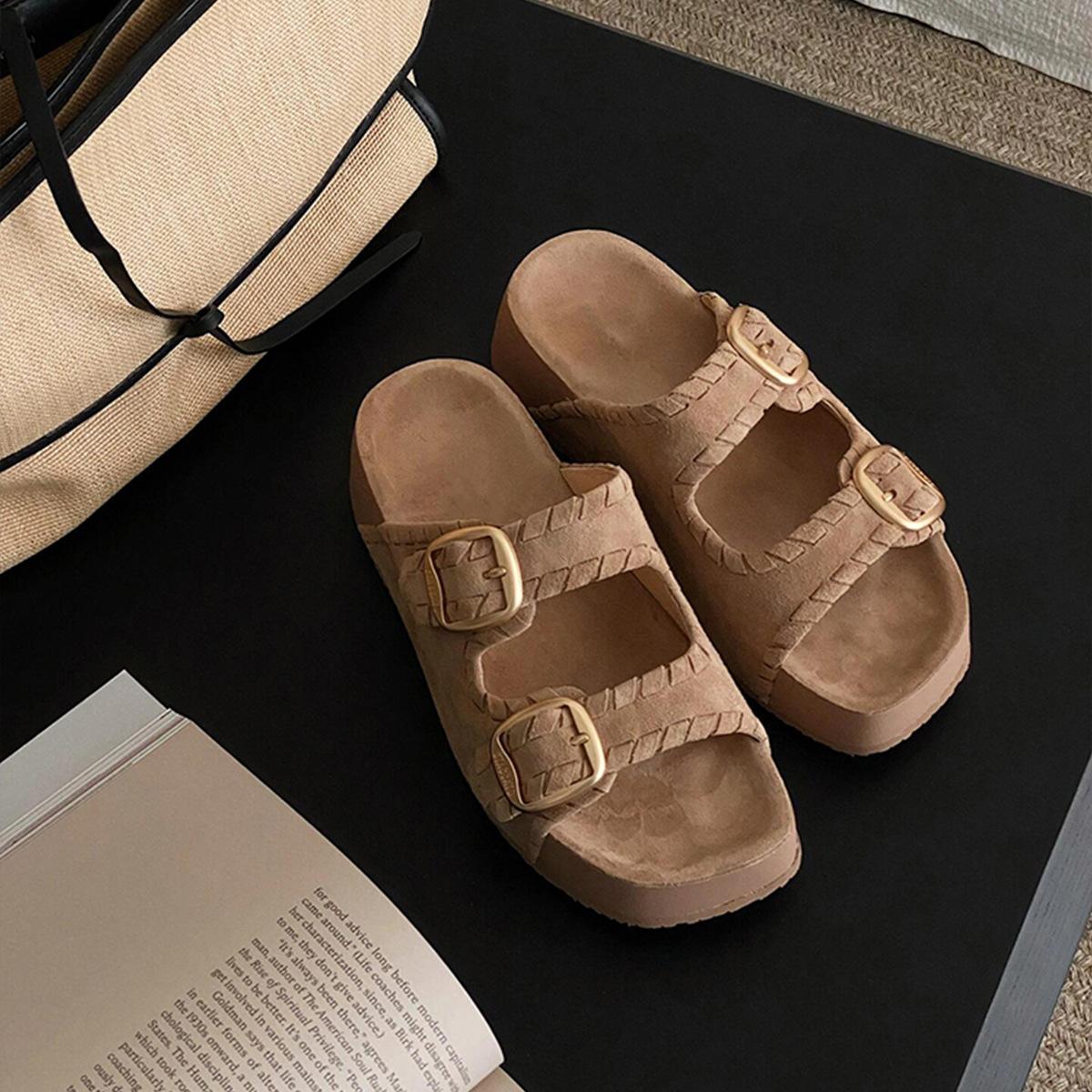 

Soft leather version~ High-end sense light luxury fashion Boken slippers women s versatile thick-bottomed one-word slippers with a heightened sense o 35 коричневый
