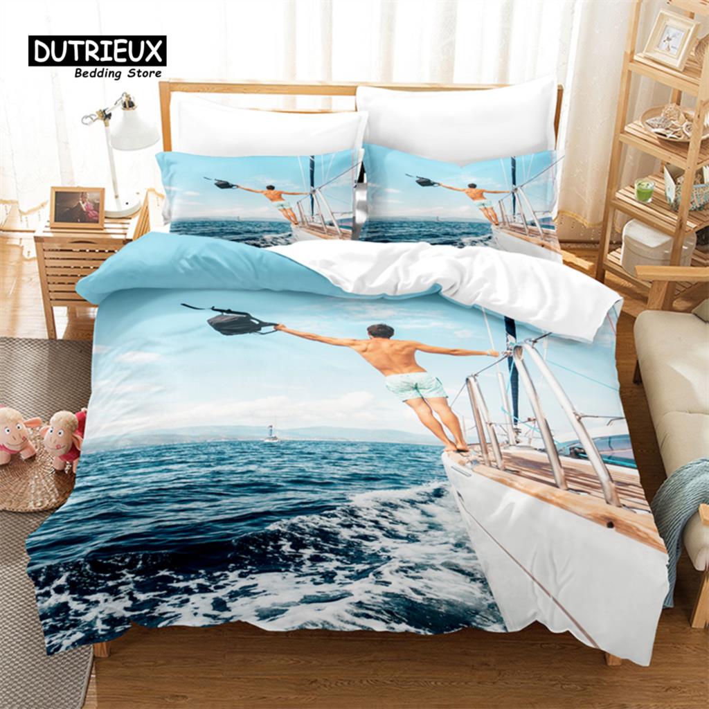 Seaside Beach Bedding Set, 3Pcs Duvet Cover Set, Soft Comfortable Breathable Duvet Cover, For Bedroom Guest Room Decor