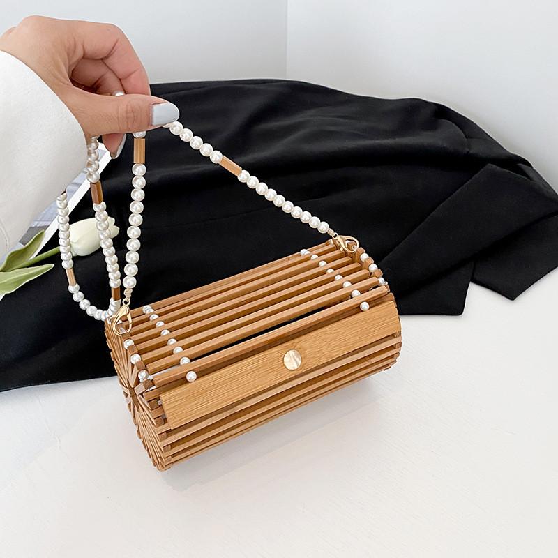 Woven Bamboo Cylinder Bag With Pearl Chain For Daily Casual Women