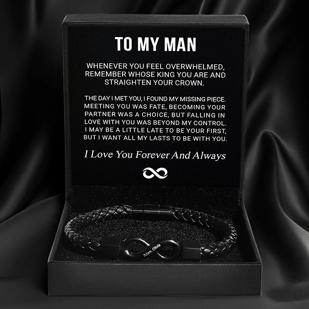 To My Man,Personalized Dual Name Infinity Leather Bracelet,Custom Name Stainless Steel Bracelet Valentine Christmas Gift for Him