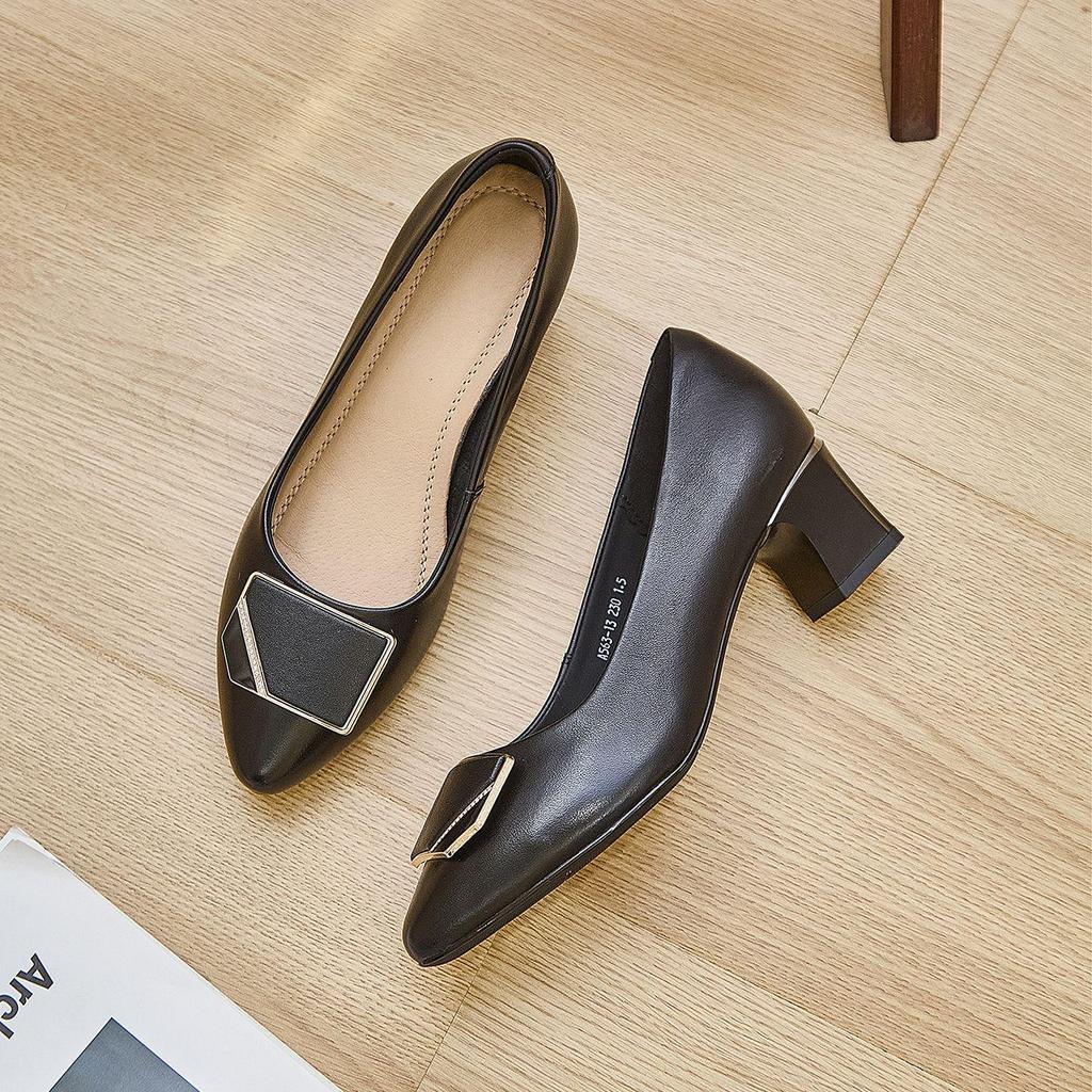 Women's French-Style Chunky Heel Cowhide Shoes - 2025 New Soft Sole, Low-Cut, Comfortable for Long Wear, Versatile for Work and Banquets