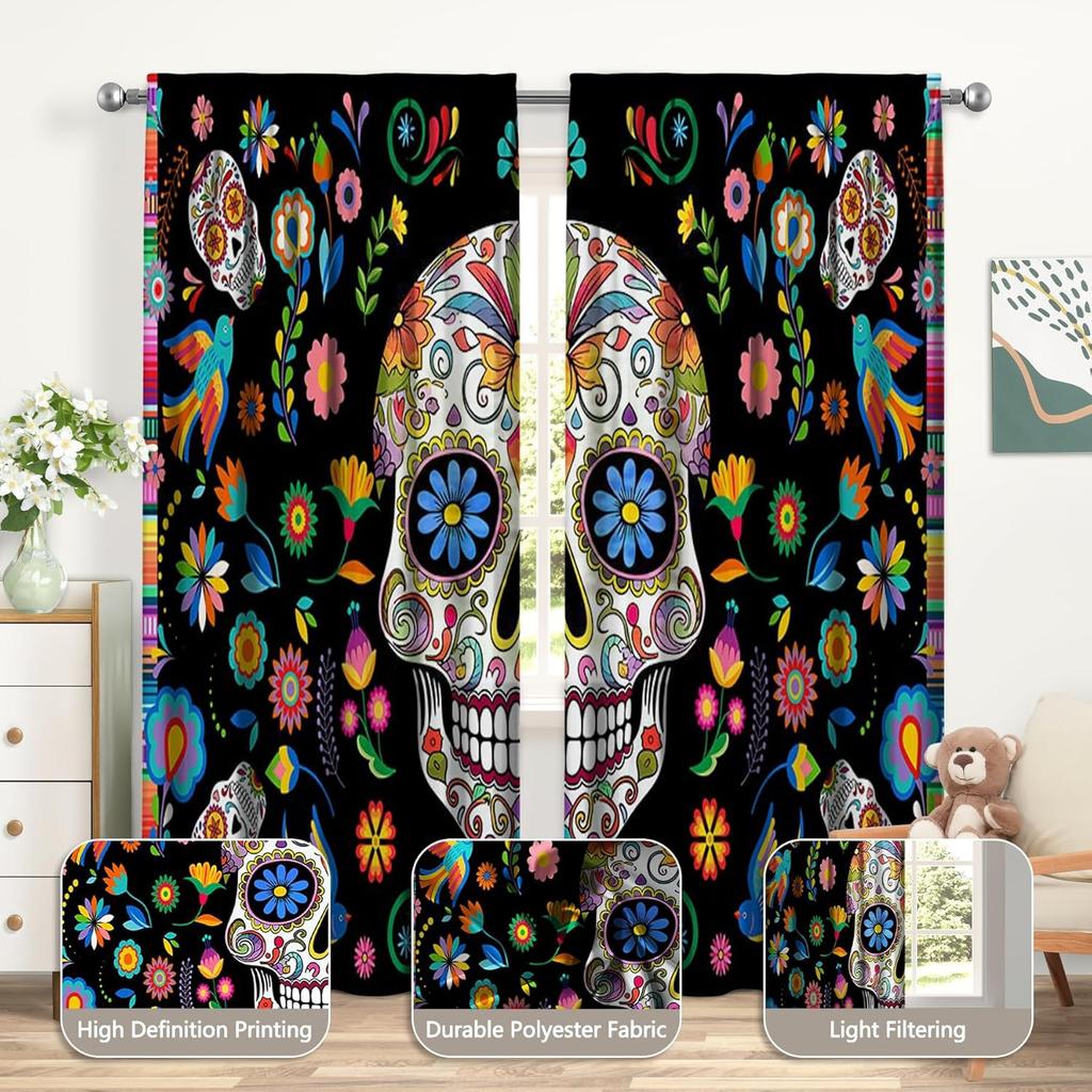 Day of The Dead Curtains for Living Room Mexican Fiesta Sugar Skull Flowers Rod Pocket Window Drapes for Bedroom and Home Decor