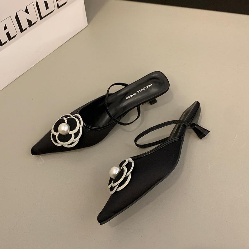 Chaussons d'été de luxe pour femme à bout ouvert et motif floral, Pantoufles mode à talon moyen, Escarpins de soirée, Claquettes sexy, Sandales de banquet et de strip-tease