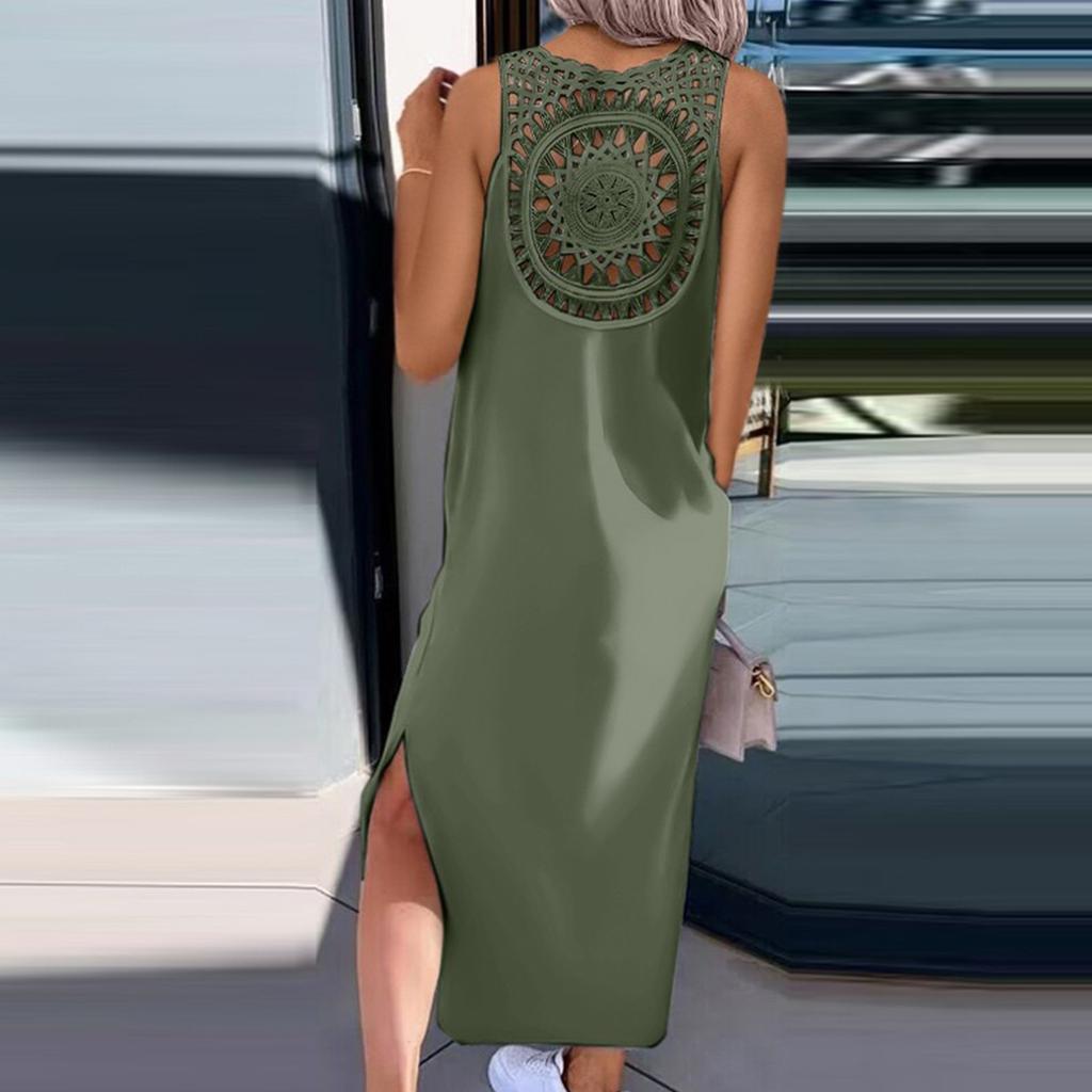 Ladies' Summer Loose Casual Fashionable Solid Color Back Lace Sleeveless Dress