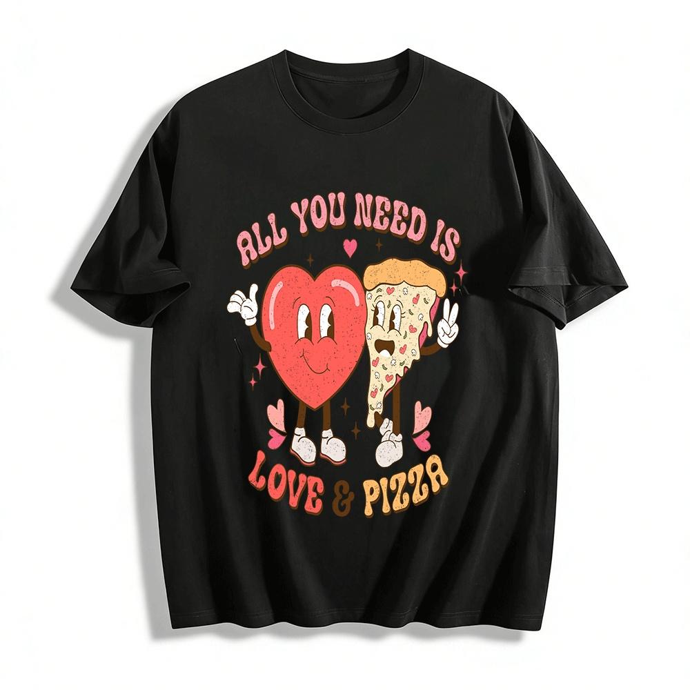 

Retro Love Heart Pizza Graphic Tee Casual Loose Short Sleeve Top Pure cotton T-shirt XXS