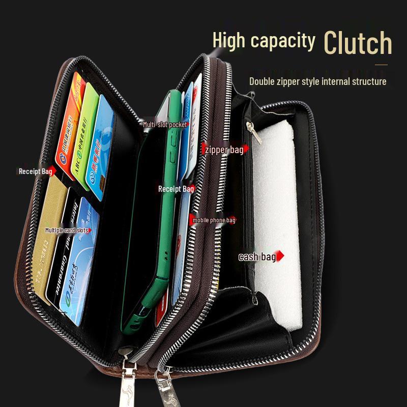 Men's Long Clutch Wallet with Multi-Card Slots, Phone Pocket, and Zippered Business Card Holder.