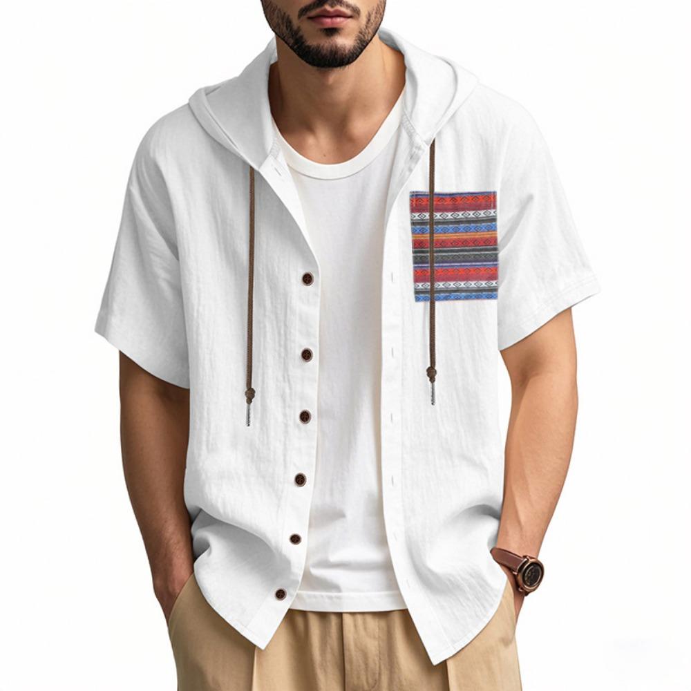 Men's Solid-color Casual Short-sleeved Shirt with a Hood, Fashionable and Loose Vacation Beach Men's Shirt