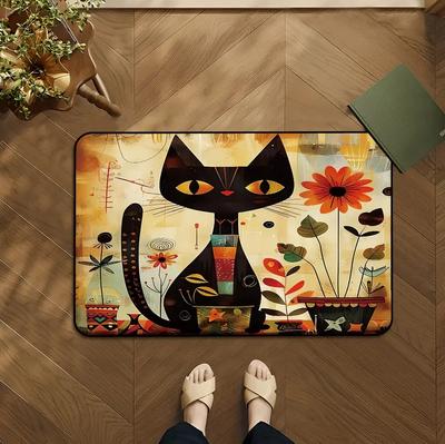 Retro Design Katze Pflanze Bedruckte Eingangstür-Matte Innen Küche Wohnzimmer Schlafzimmer Raumzugang Bodenmatte Außen-Türvorleger