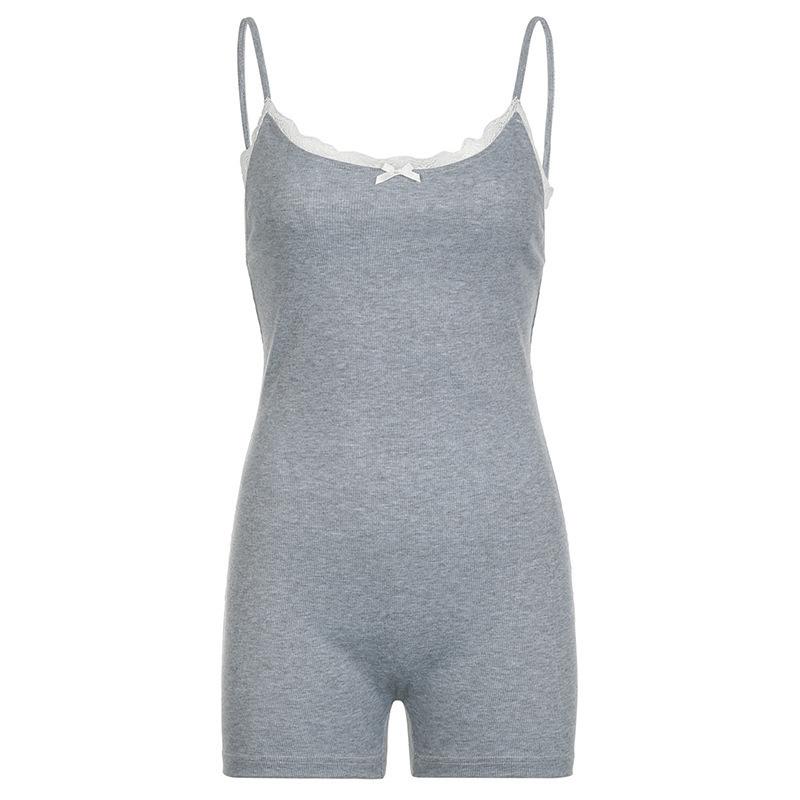 

Европейский и американский женский облегающий комбинезон на подтяжках Y2K с кружевной вставкой, бантом и однотонной расцветкой S серый