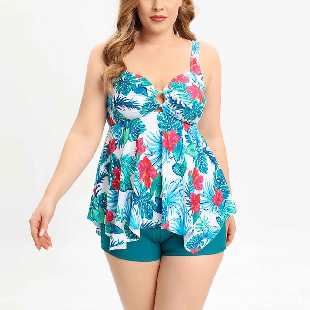 Plus Size Two Piece Swimsuit Women Tankini Swimwear with Removable Padding Wireless Bra and Boyshorts Bottoms for Beach Pool