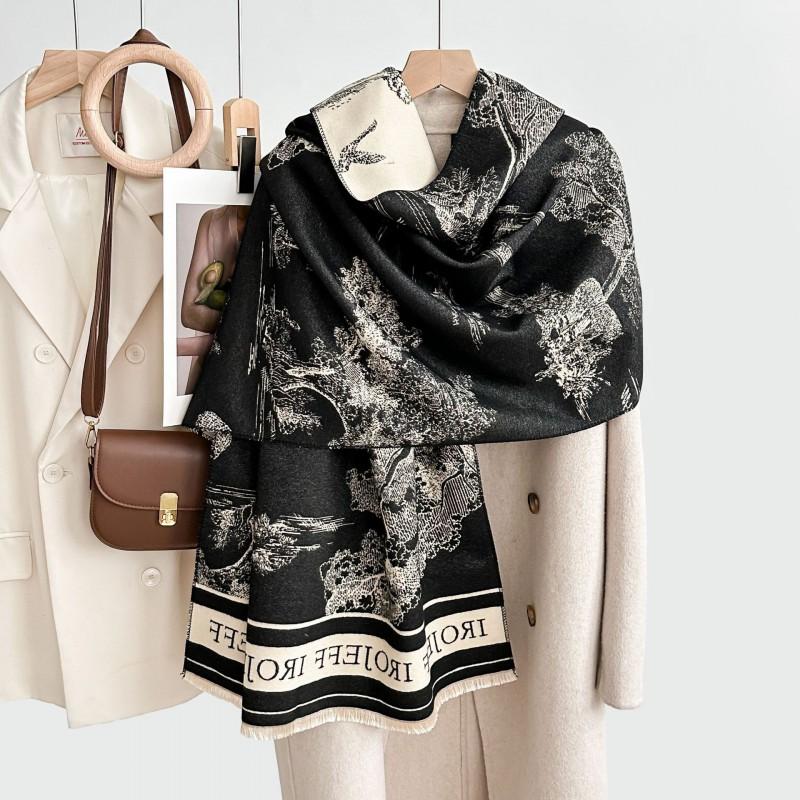 Premium Double-Sided Jacquard Houndstooth Scarf Wrap Women Winter Fall Warm Cotton Blend Shawl 185x70cm