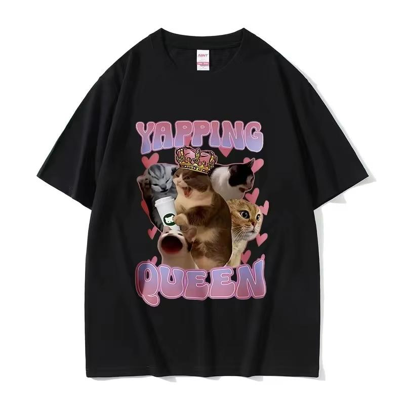 Funny Professional Yapper Meme Cat Pattern Tshirt Retro Womens Fashion Short Sleeved Tshirt Casual Comfortable T-shirt Top