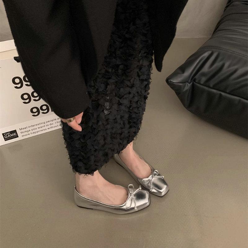 Fashion Flat Shoes for Women's Spring and Autumn Square Toe Casual Bow French Retro Plus Size Women's Shoes 42 43 44 Loafers Women