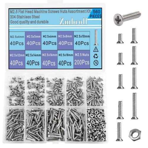 Zmbroll 560pcs Flat Head M2.5 Machine Screws, 304 Stainless Steel, Full Thread, Fasteners, Bolts, Nuts, Assorted Kit, M2.5x4/5/6/8/10/12/14/16/18mm