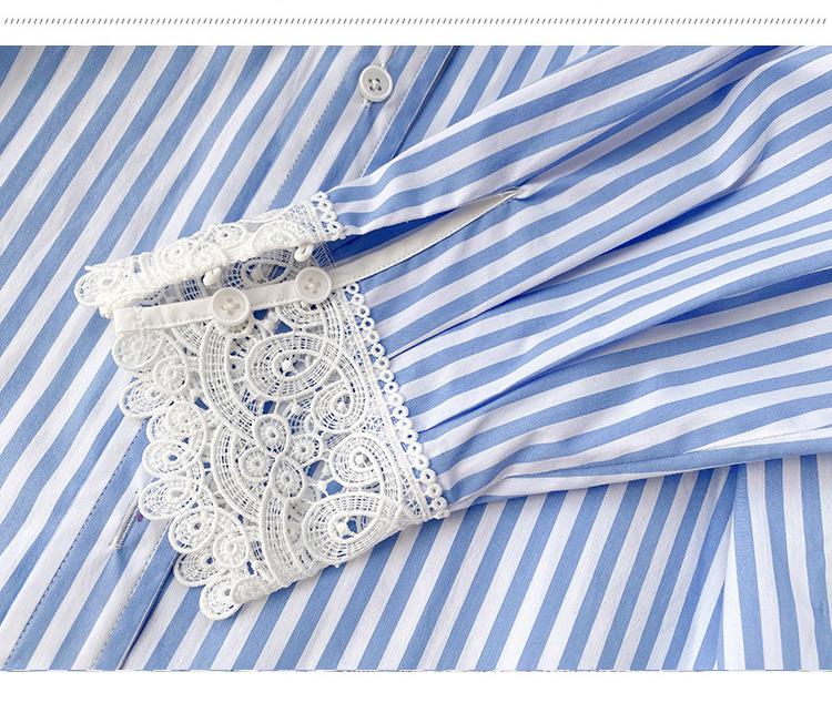 Women's Long Sleeve French Cotton Autumn Shirt - Blue & White Striped Socialite Style Top