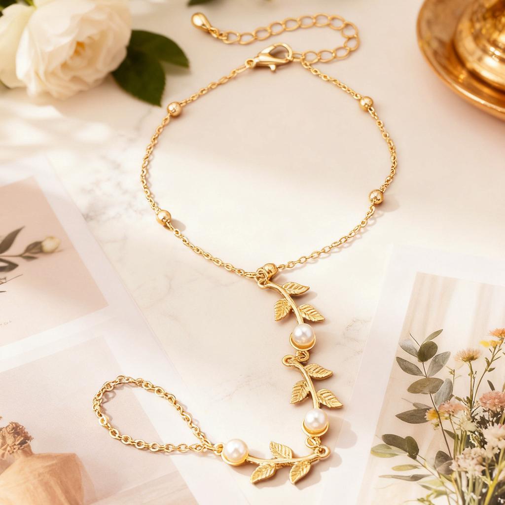 Minimalist Green Rhinestone Leaf Finger Ring Bracelet for Women Elegant Imitation Pearl Zircon Link Chain Hand Jewelry
