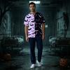 Men's V-Neck Short Sleeve Scrub Top with Halloween Print and Chest Pocket