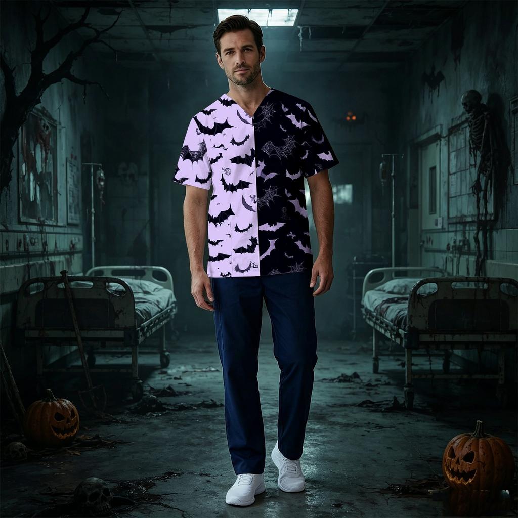Men's V-Neck Short Sleeve Scrub Top with Halloween Print and Chest Pocket