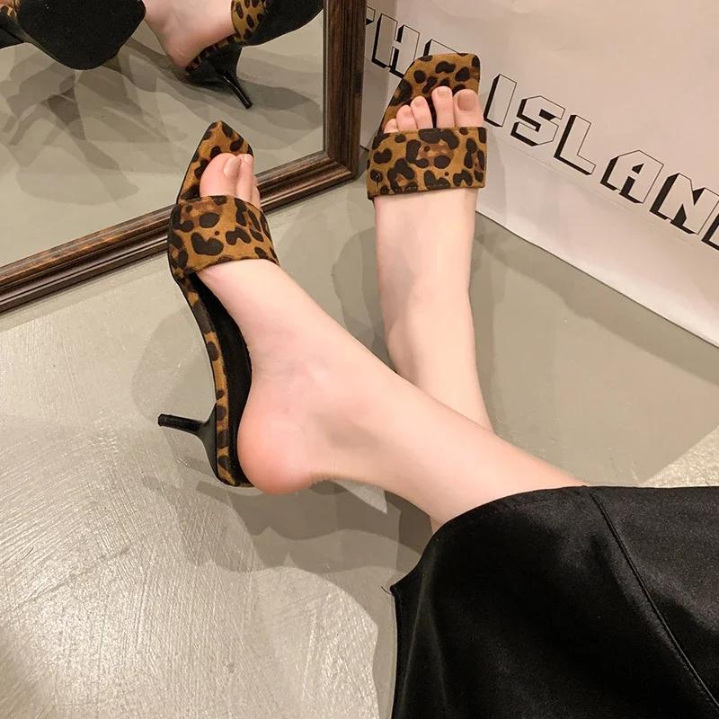 Women's Leopard Print Slippers 2025 Summer New Peep Toe Thin High Heels Slippers Square Toe Sandals Women Sexy Party Shoes Woman