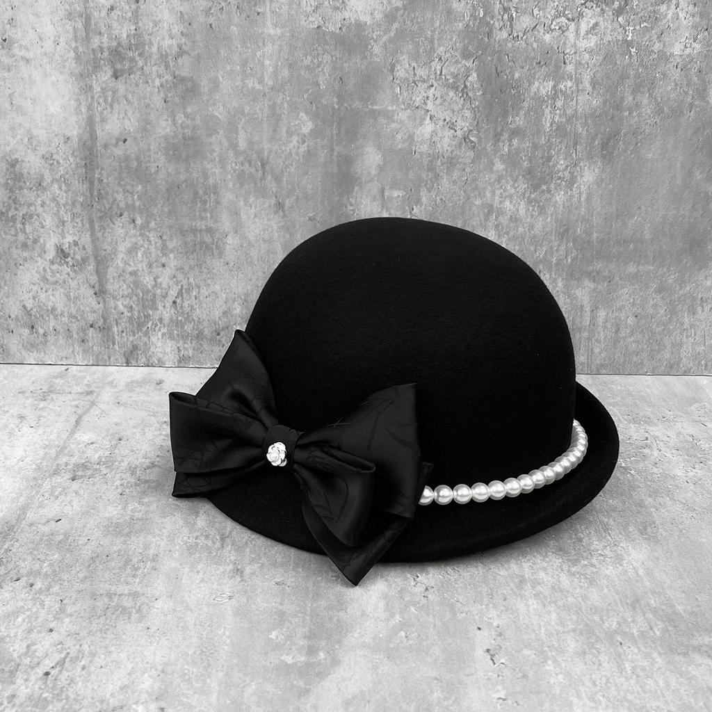 Xiaoxiangfeng Bamboo Leaf Dark Embroidery Bow Wool Beret Children'S Winter Australian Hair Top Hat Camellia Pearl Chain Felt Hat