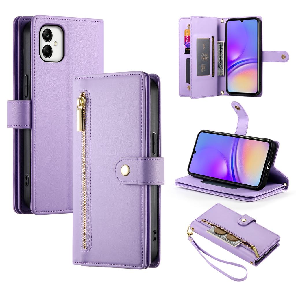 DF-011 For Samsung Galaxy A05 4G Case Zipper Pocket Flip Leather Phone Cover with Shoulder Strap