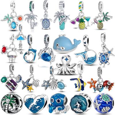 925 Sterling Silver Ocean Summer Style Dangle Turtle Starfish Octopus Dolphin Beads Charms Fit Original Bracelet Jewelry