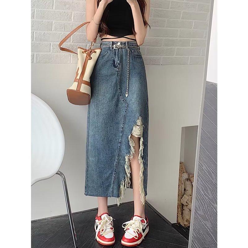 Large Size Irregular Retro Open Fork Denim Half-body Skirt Woman Summer Thin Medium-length Package Hip A Word Skirt