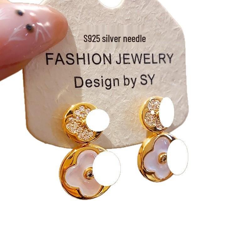 Silberne Zirkonia-Blumen-Anhänger-Ohrringe – Vintage-Hofstil, Leichte Luxus-Stecker