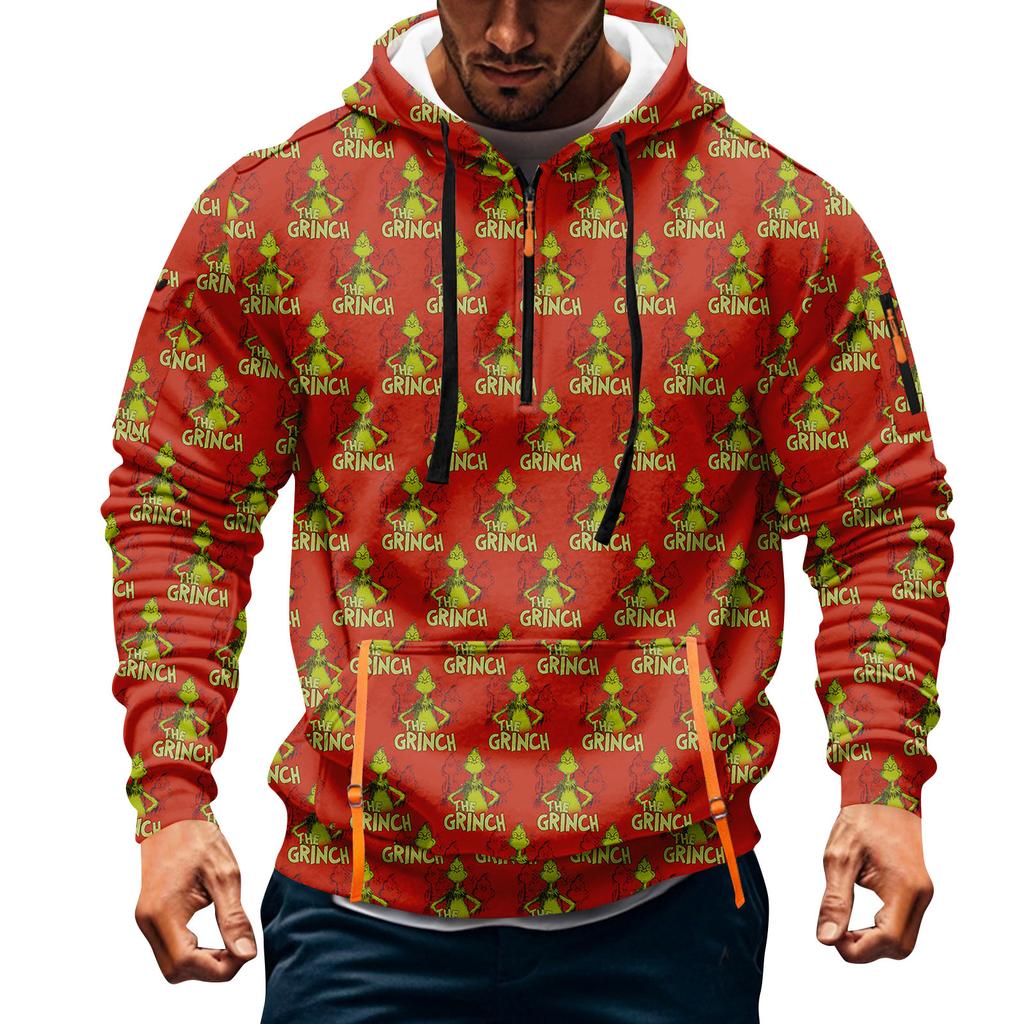 Men's Christmas Print Hooded Half-Zip Casual Sports Sweatshirt