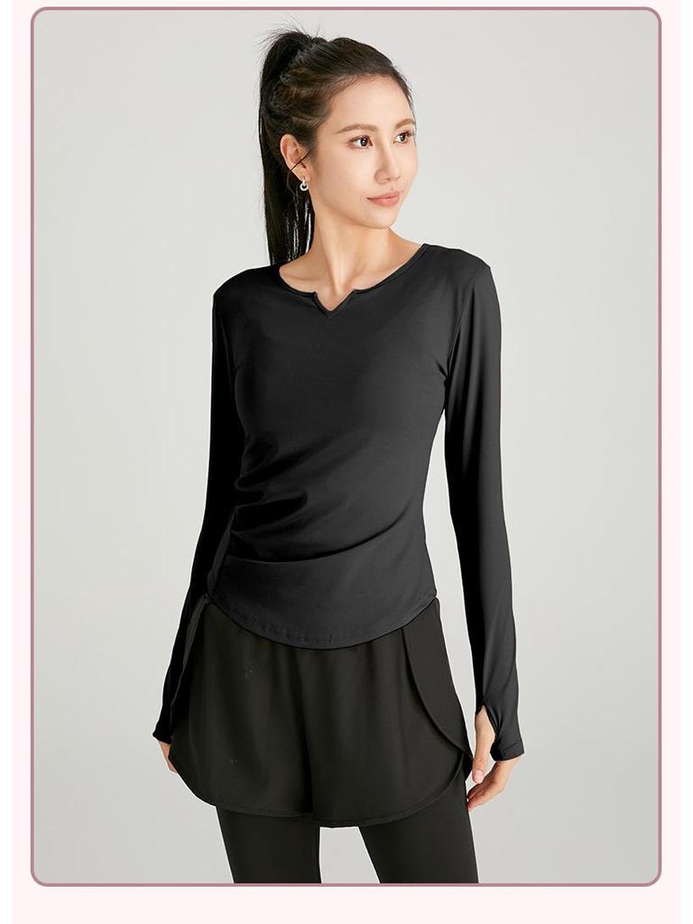 Women's Slimming V-neck Long Sleeve Fitness Top - Solid Color, Versatile for Outdoor and Yoga.