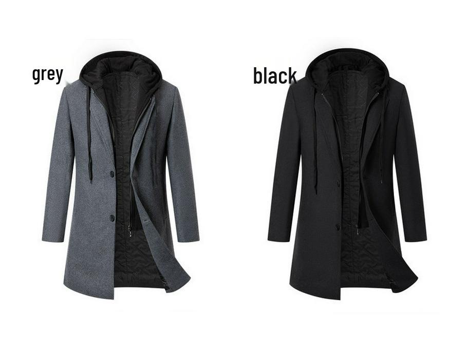 2024 Fall/Winter Hooded Faux Two-Piece Mid-Length Woolen Coat - Thick and Warm