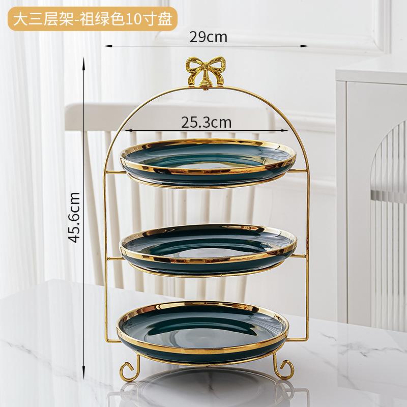 Golden Edged Double-layer Ceramic Tray, Cake Rack, Snack, Fruit Tray, Afternoon Tea Dessert Display Stand, Metal Bow Bracket