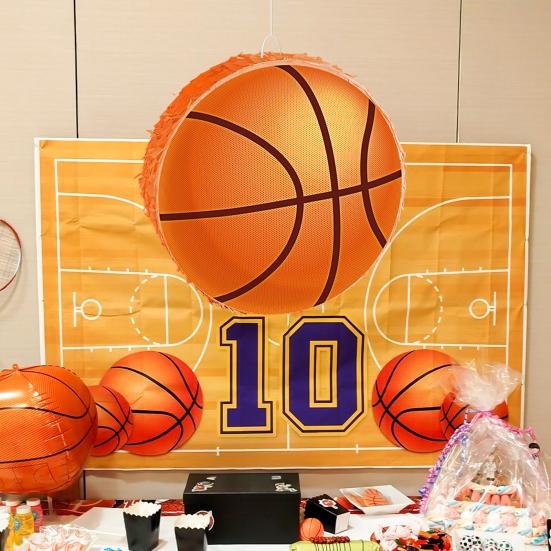 Basketbalová piňata se šátkem na oči, pálkou a konfetami, zásoby na párty s basketbalovou tématikou pro děti, dospělé, sportovní dárky na narozeninovou oslavu