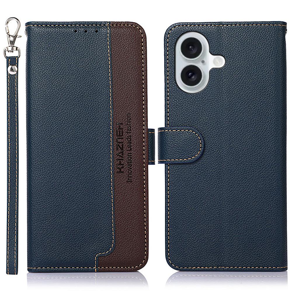 

KHAZNEH For iPhone 16 Case RFID Blocking Wallet Leather Folio Flip Phone Cover Blue