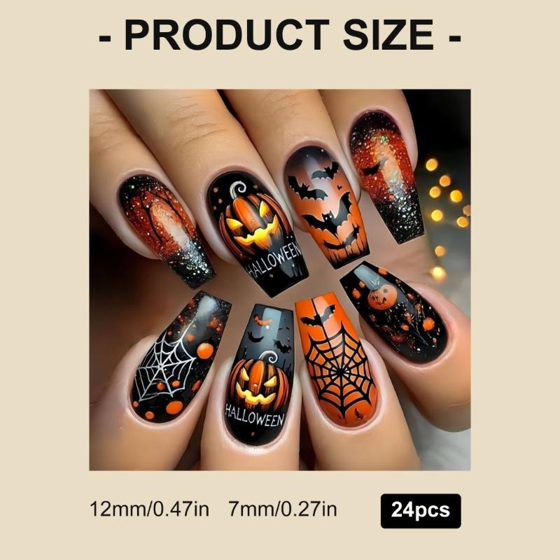 Halloween Press On Nail Medium Length Square Shape With Pumpkin Cobweb Design ABS Material For Party Costume Nail Art