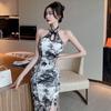 Premium Sense, Retro Elegance, Temperament, Split-ended Ink Printing, Slim-fitting Improvement, Shoulder-cut Cheongsam, Hip-wrapped and Thin Dress