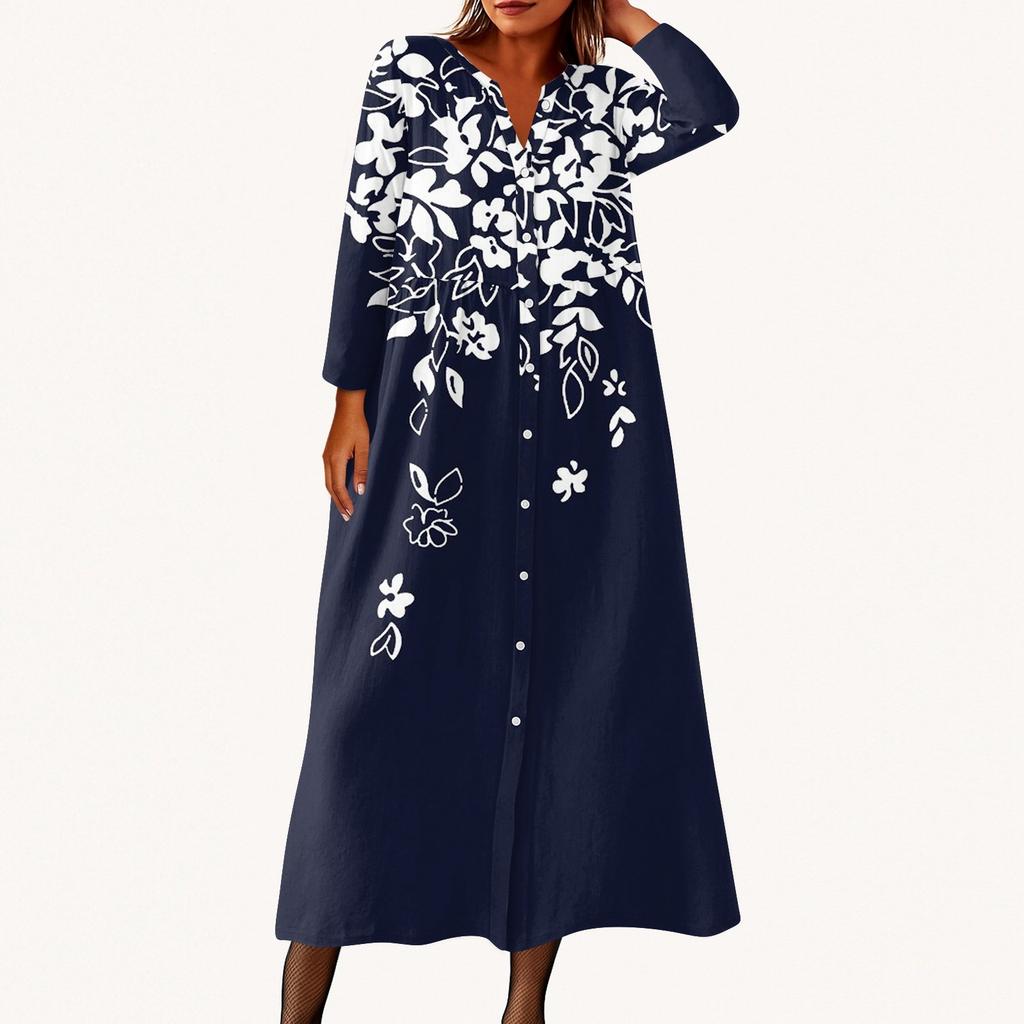 Women's Fashionable Printed Round Neck Seven Quarter Sleeve Button Loose Shirt Dress