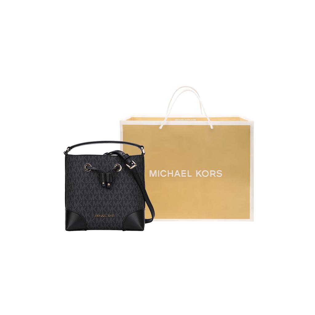 Michael Kors MK Mercer 18 Classic Monogram Drawstring Closure Canvas Bucket Bag Women Handbags Black 35F2GM9M1B-BLACK