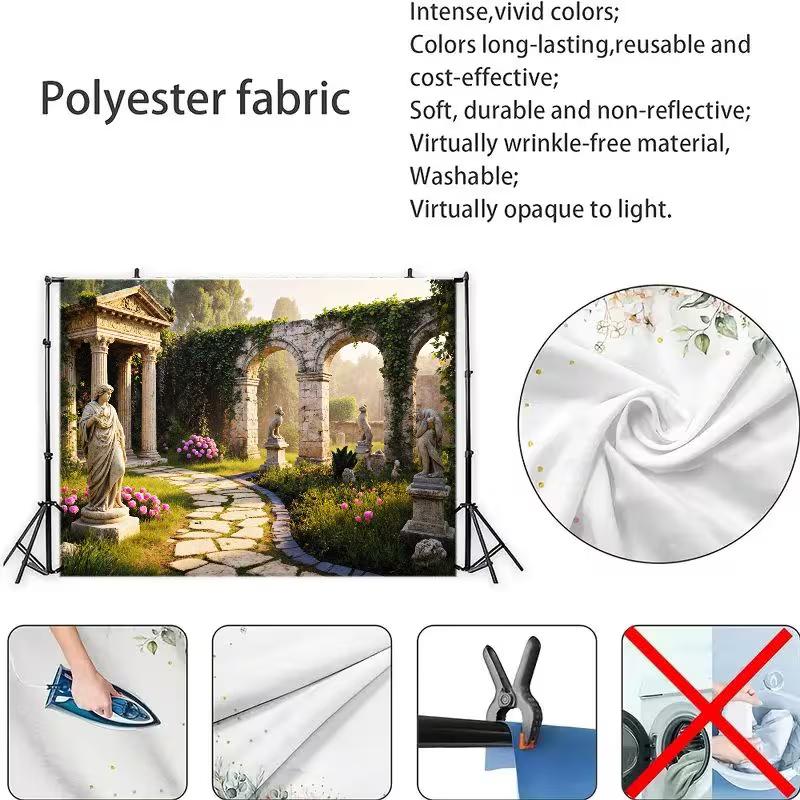 2D Mythical Ancient Garden Backdrop Stone Arches, Statues and Blooms Portrait Studio Background
