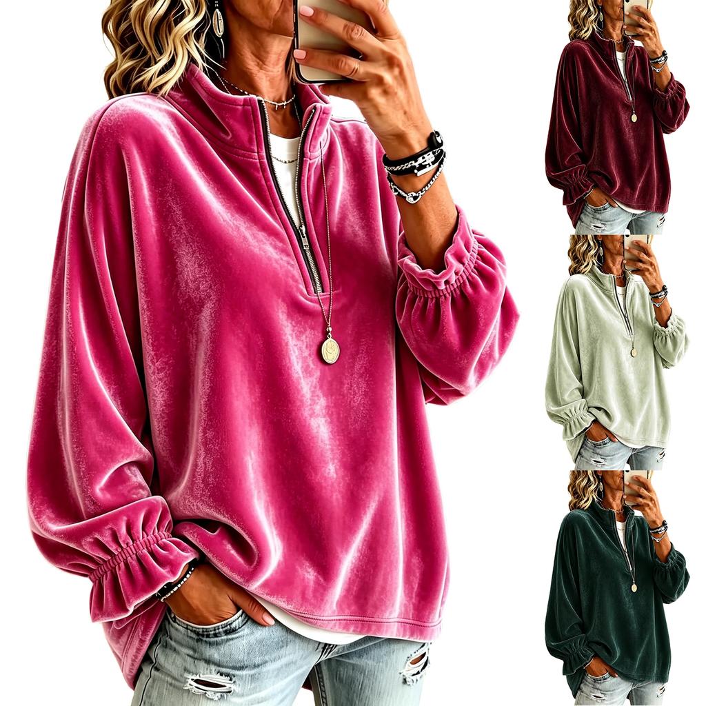 Women's Velvet Zip Up Sweatshirt with Collar Casual Loose Fit Color for Daily Wear