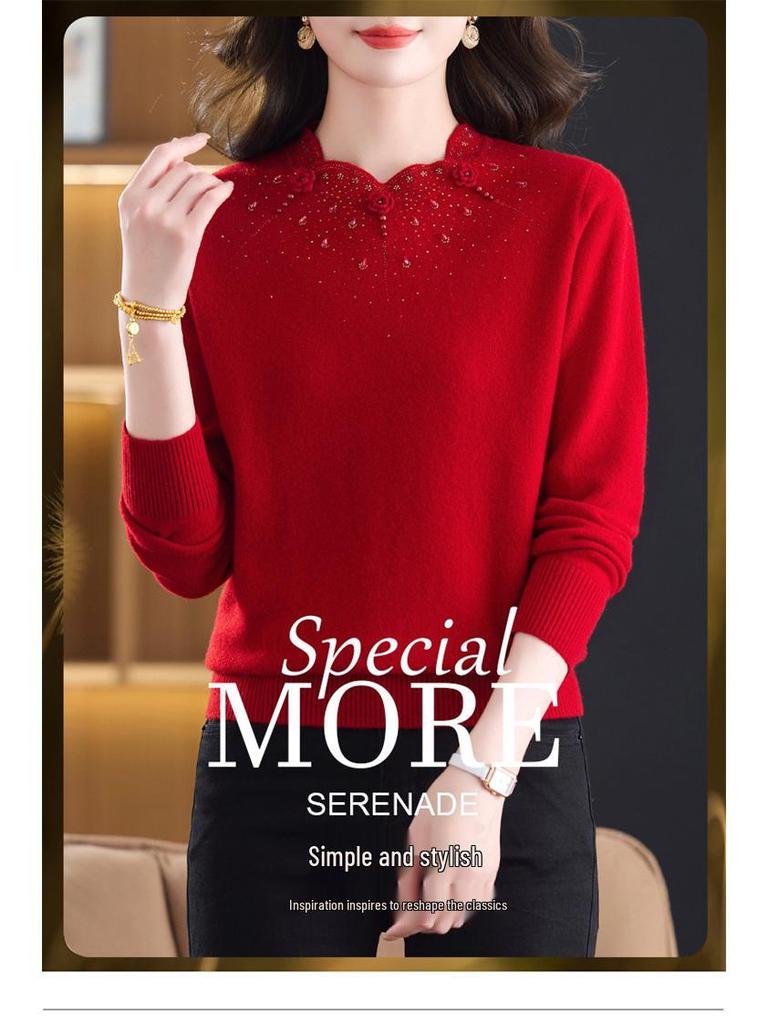 Year of the Rat Women's Thick Cashmere Sweater - Half-High Collar, Chinese Style, Plus Size, Red Winter Base Layer.